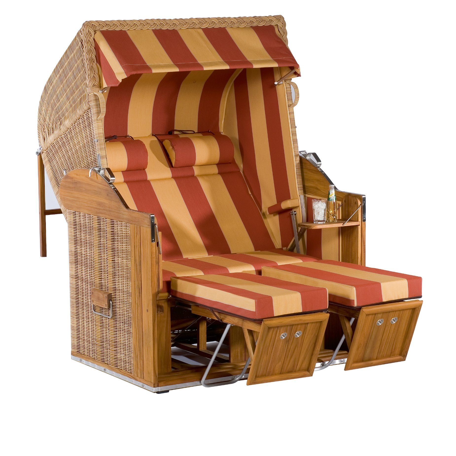 Strandkorb "Classic-Teak" von SonnenPartner, Korpus Teakholz, Rundgeflecht Rattanoptik, Dessin Stoff-Nr. 117, Liegemodell