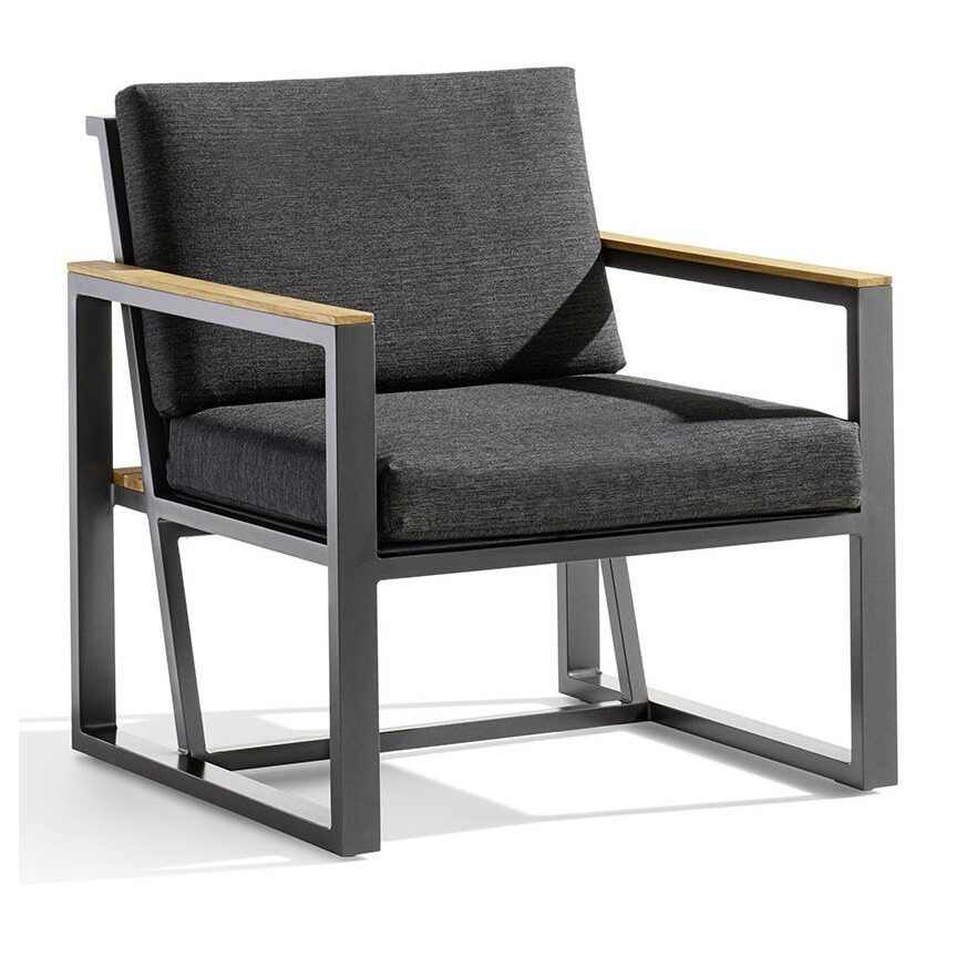 Loungesessel "Havanna" von Sieger, Gestell Aluminium eisengrau, Sitzfläche Textilgewebe grau, Kissen 100% Polypropylen, Armlehnen Teakholz