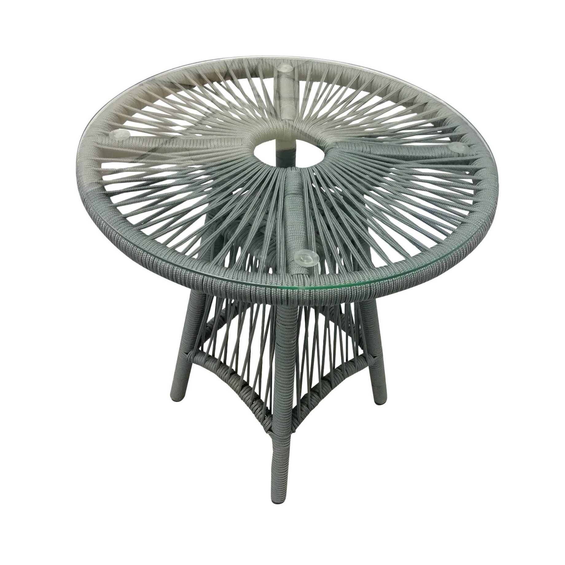 Home Islands Cocktailtisch "Kwai", Gestell Aluminium schwarz matt, Bespannung Rope hellgrau, Tischplatte Glas