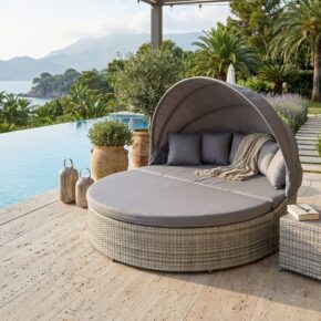 Home Islands "Taipeh" XL-Sonneninsel, Gestell Aluminium, Geflecht bicolor, Bezüge hellgrau (Bild KI-generiert)