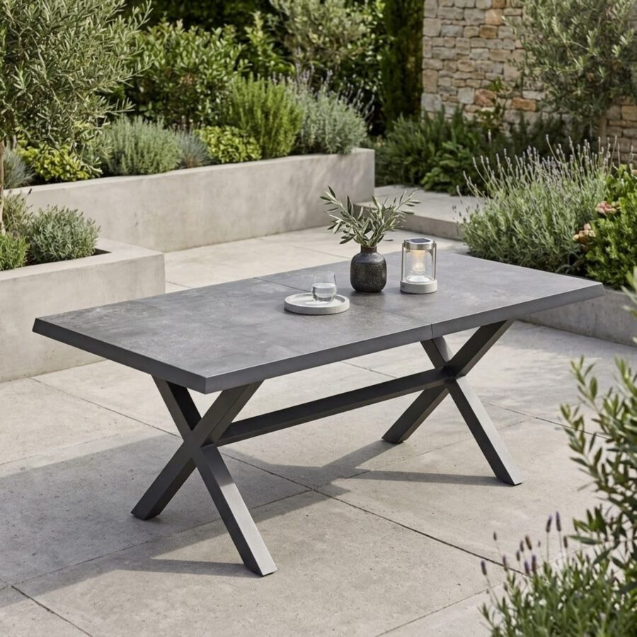 Lesli Living "Murcia" Ausziehtisch mit Kreuzgestell, Alu charcoal, Tischplatte Keramik stone