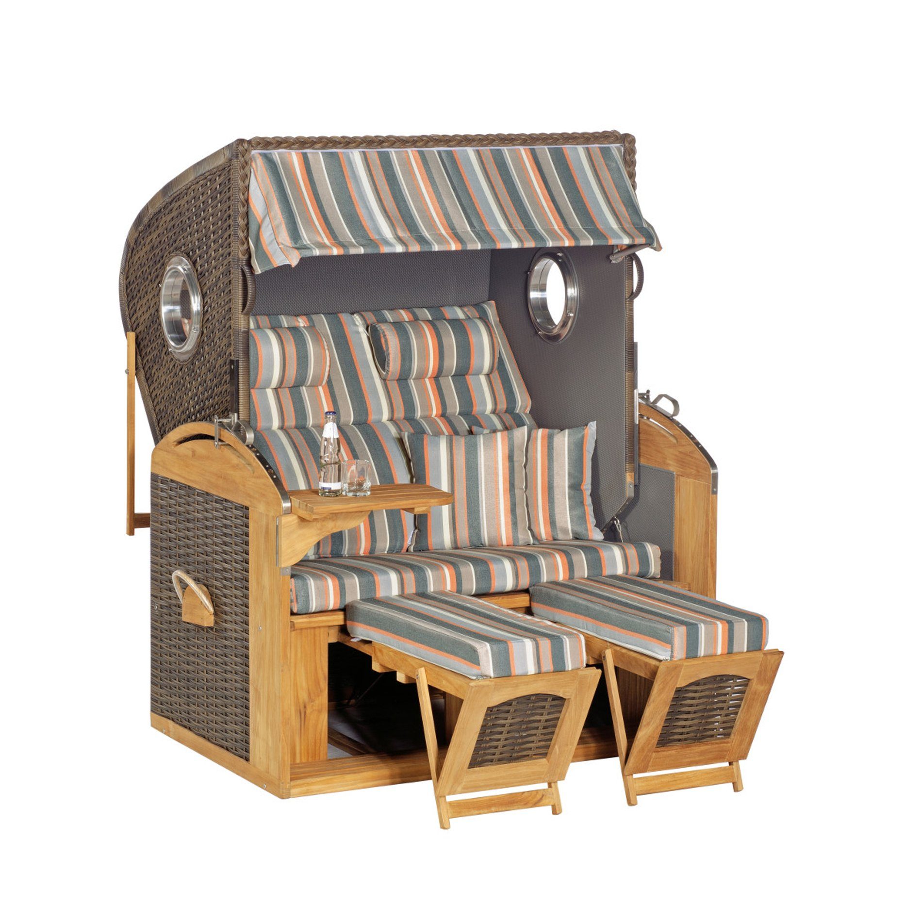 Strandkorb "305 Z Teak XL", Teakholz natur, Geflecht vintage-braun, mit Bullaugen, Stoff-Nr. 1235