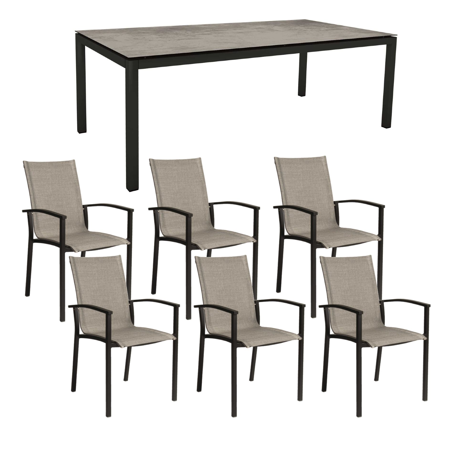 Stern Gartenmöbel-Set mit Stapelsessel "Evoee" & Gartentisch 200x100 cm, Gestelle Aluminium schwarz matt, Sitzfläche Textilgewebe Leinen grau, Tischplatte HPL Zement