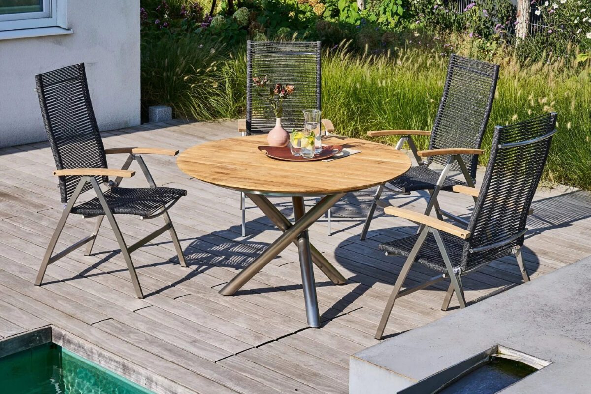 CASA DOMA Gartentisch "Perano" mit Teakplatte und Gestell Edelstahl, Gartenstuhl "Mineo" mit Gestell Edelstahl und Rope-Bespannung anthrazit