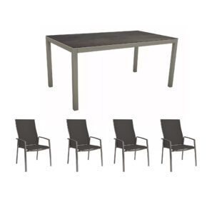 Stern Gartenmöbel-Set mit Hochlehner "Kari Plus" und Gartentisch 160x90 cm, Gestelle Alu graphit, Sitzfläche Textilgewebe silbergrau, Tischplatte HPL Nitro