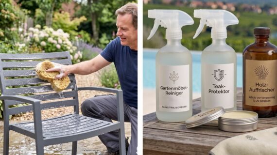 Ein Mann macht draußen einen Gartenstuhl sauber, auf einem Tisch stehen Reiniger