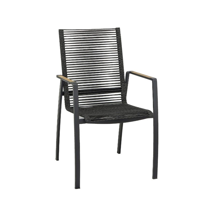 CASA DOMA "Mineo" Stapelstuhl, Edelstahl anthrazit, Bespannung Rope anthrazit, Armlehnen Teak