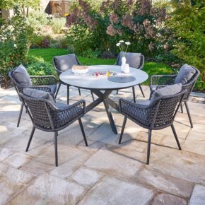 CASA DOMA "Rosano/Ribera" Diningset 7-tlg, Gestelle Edelstahl anthrazit, Diningsessel L-Form, Rundrohr-Beine, Sitz Rope anthrazit (Knoten), Kissen Tuvatextil® Panama grafito, Tischplatte HPL Chromix silber