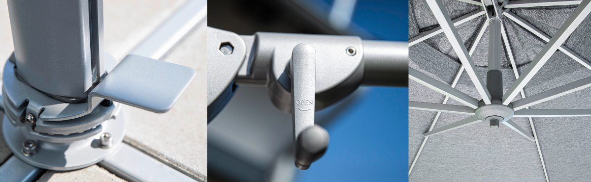 Funktionale Sonnenschirm-Details: Tritthebel, Kurbel und Metallstreben