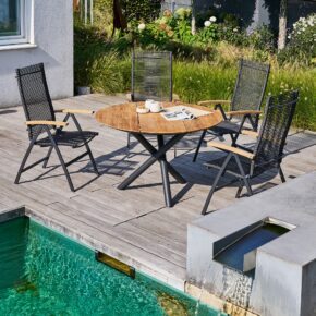 CASA DOMA "Mineo/Perano" Gartenmöbel-Set 5-tlg., Gestelle Edelstahl anthrazit, Sitzfläche Rope anthrazit, Armlehnen Teak, Tischplatte Teak, Ø 120 cm