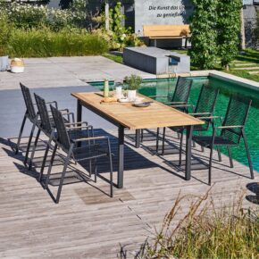 CASA DOMA "Mineo/Ugento" Gartenmöbel-Set 7-tlg., Gestelle Edelstahl anthrazit, Sitzfläche Rope anthrazit, Armlehnen Teak, Tischplatte Teak, 160/220x90 cm