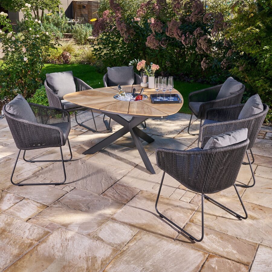 CASA DOMA "Ribera/Saleni" Gartenmöbel-Set 7-tlg., Gestelle Edelstahl anthrazit, Diningsessel mit Kufen, Sitzschale Rundform aus Rope anthrazit (vertikal rund), Kissen Tuvatextil® Panama grafito, Tischplatte Teak