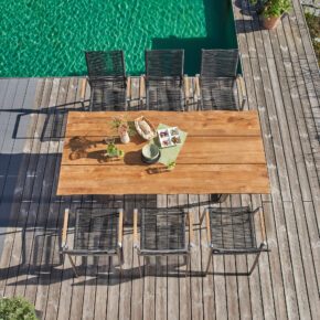 CASA DOMA "Mineo/Falerna" Gartenmöbel-Set 7-tlg., Gestelle Edelstahl gebürstet, Sitzfläche Rope anthrazit, Armlehnen Teak, Tisch 210x100 cm mit Teakplatte mit Baumkante