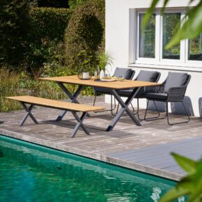 CASA DOMA "Ribera/Falerna" Diningset 5-tlg., Gestelle Edelstahl anthrazit, Tisch und Bank X-Gestell, Diningsessel L-Form, Kufengestell, Sitz Rope anthrazit (Raute), Kissen Tuvatextil® Panama grafito, Tischplatte Teak, 210x100 cm