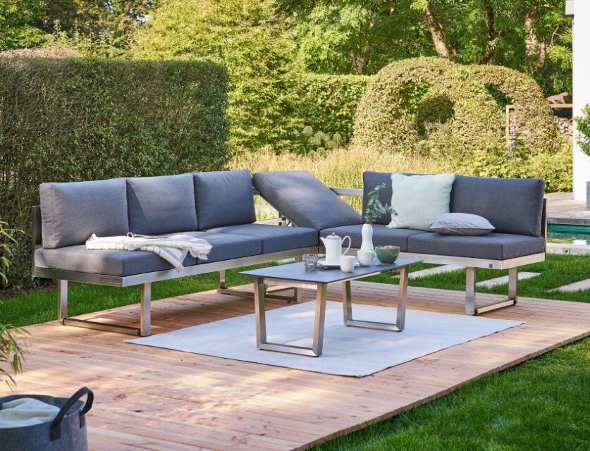 CASA DOMA "Aragona/Falerna" Loungeset mit 2x DINING Loungebank & Loungetisch, Gestelle Edelstahl gebürstet, Kissen Tuvatextil®, Tischplatte HPL