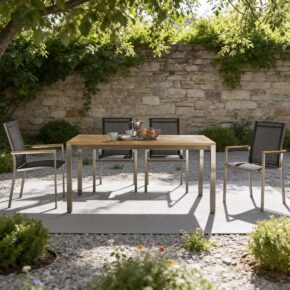 Gartenmöbel-Set mit Liadomo "Motta" Gartenstuhl und CASA DOMA "Varano" Tisch 160x90 cm, Gestelle Edelstahl gebürstet, Textilgewebe anthrazit, Tischplatte Teak (Bild KI-generiert)