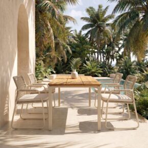 CASA DOMA Set 5-tlg. mit "Fasano" Gartenstuhl, Aluminium cream, Rope fossil (Knoten), Kissen beige, und "Campana" Gartentisch 160×90 cm, Edelstahl cream, Teakholz (Bild KI-generiert)