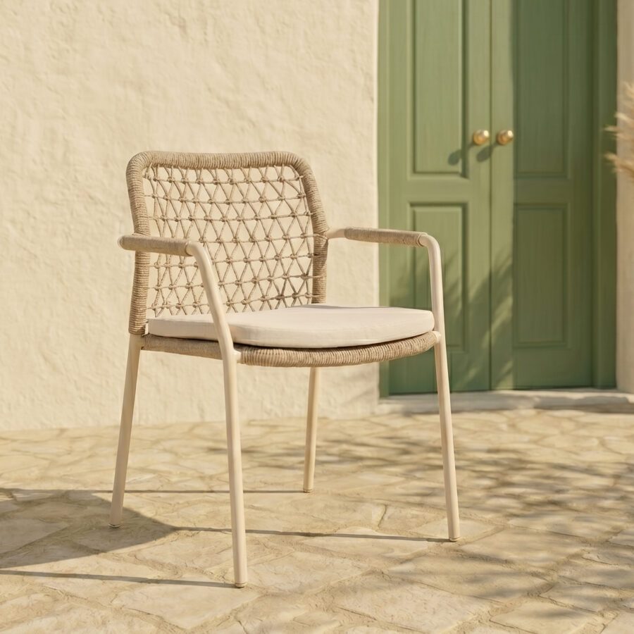 CASA DOMA "Fasano" Stapelstuhl, Aluminium cream, Rope fossil Knoten (Bild KI-generiert)