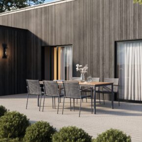 Cinas Gartenmöbel-Set mit Gartenstuhl "Mood Classic" Kunststoff-Lamellen grey, Aluminium-Gestell anthrazit, Teak-Armlehnen und Gartentisch "Mood Classic Midway" mit Teakplanken 204x100 cm