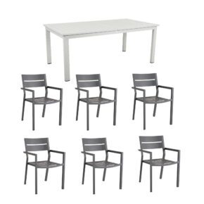 Brafab Gartenmöbel-Set 7-teilig, mit "Delia" Stapelstuhl Aluminium anthrazit und "Lomma" Ausziehtisch Aluminium light grey 194/312x100 cm