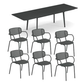 Emu Gartenmöbel-Set 7-tlg. mit Ausziehtisch "Plus4" und Stapelstuhl "Mom", Stahl eisen antik