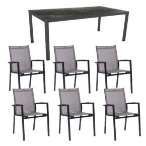 Stern Gartenmöbel-Set mit Stuhl "New Levanto" und Tisch 200x100 cm, Gestelle Aluminium anthrazit, Sitz Textilgewebe silber, Tischplatte HPL Dark Marble, ohne Distanzhülsen