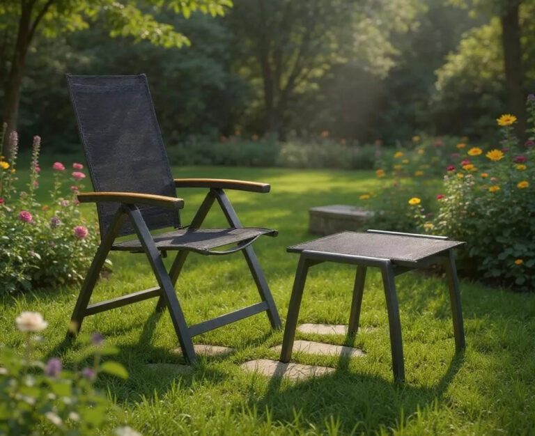 Liadomo "Ricadi" Klappsessel mit Hocker, Aluminium anthrazit, Textilgewebe anthrazit, Armlehnen Teakholz (Bild KI-generiert)