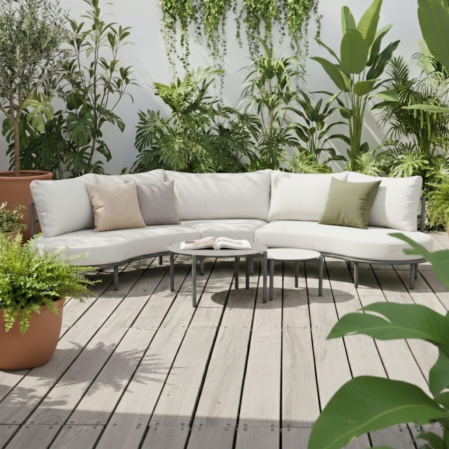 Liadomo "Celano" Loungeset, Gestell Aluminium anthrazit, Polster beige, Tischplatten Sinterstein (Bild KI-generiert)
