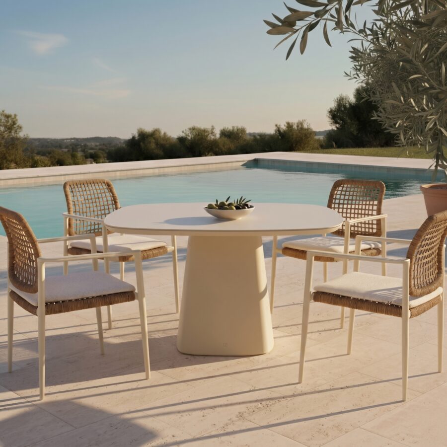 CASA DOMA Gartenmöbel-Set mit "Lavello" Stapelstuhl und "Lioni" Gartentisch, Aluminium cream, Geflecht naturfarben, Tischplatte Sinterstein 120x120 cm (Bild KI-generiert)