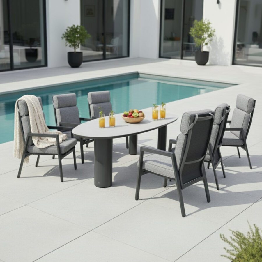 Gartenmöbel-Set mit Liadomo "Celano" Diningsessel und CASA DOMA "Lioni" Gartentisch 260x115 cm, Gestelle Aluminium anthrazit, Polster grau, Armlehnen Aluminium (Bild KI-generiert)