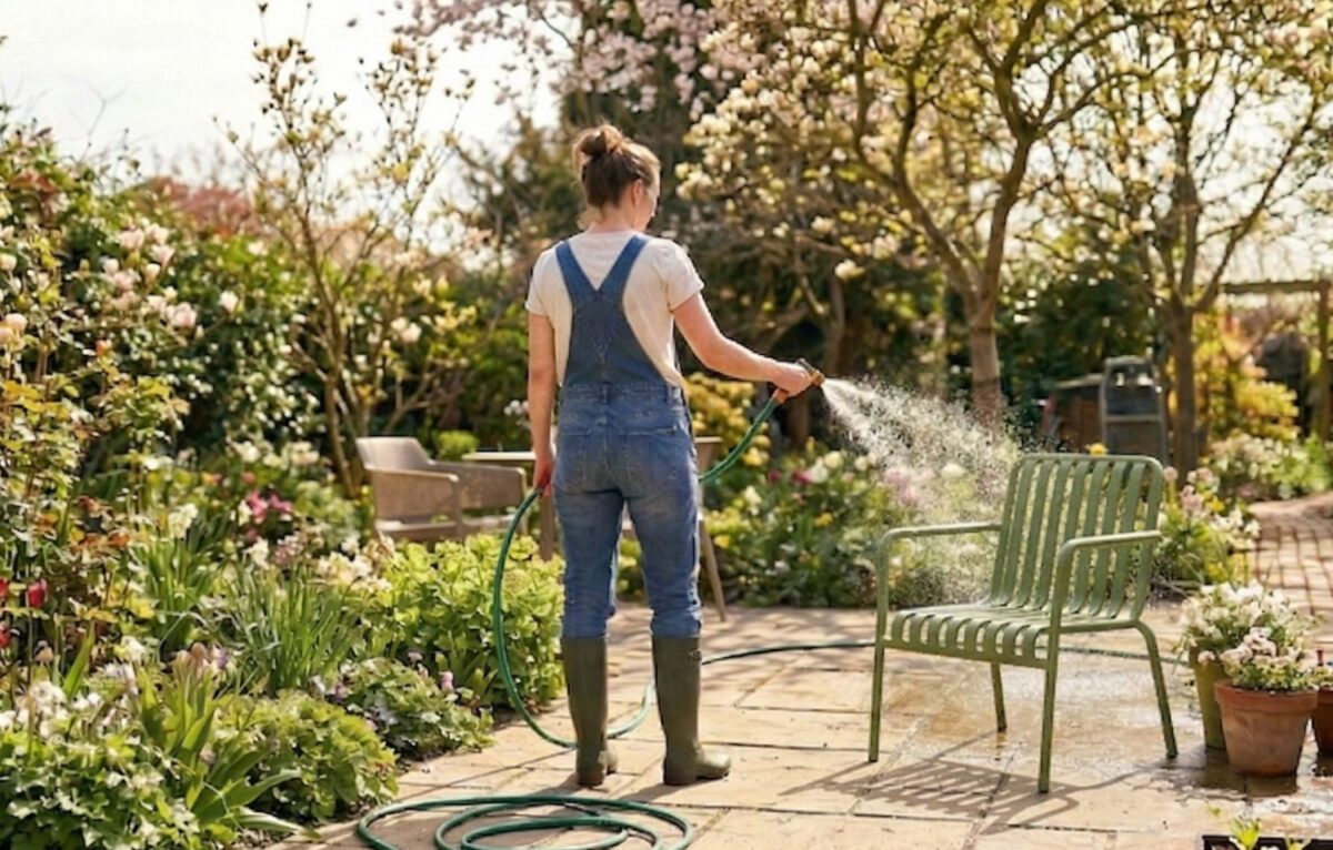 Frau, die auf der Terrasse in frühlingshaftem Ambiente einen Gartenstuhl aus Kunststoff mit dem Gartenschlauch abspritzt