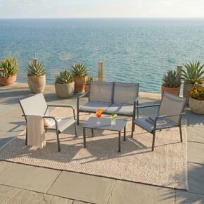 Jati&Kebon "Dransy" Loungeset mit Sessel, Sofa & Tisch, Aluminium eisengrau, Textilgewebe silbergrau (Bild KI-generiert)