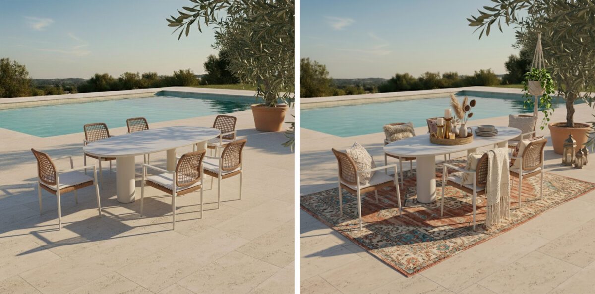 Tischgruppe auf einer modernen Terrasse neben einem blauen Pool