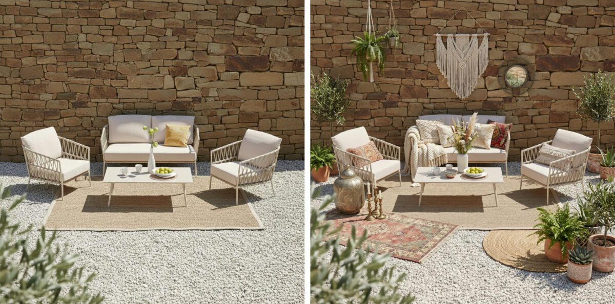 Sofa und zwei Sessel auf einer Terrasse vor einer Steinmauer