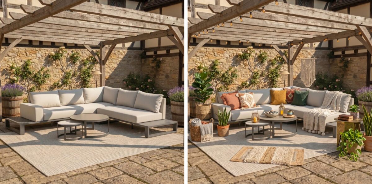 Ecklounge mit gemütlichen Polstern und zwei kleinen Tischen unter einer Pergola