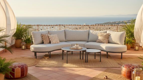Organisch geformtes Loungesofa auf einer sonnigen Terrasse im Boho-Stil, im Hintergrund das Meer