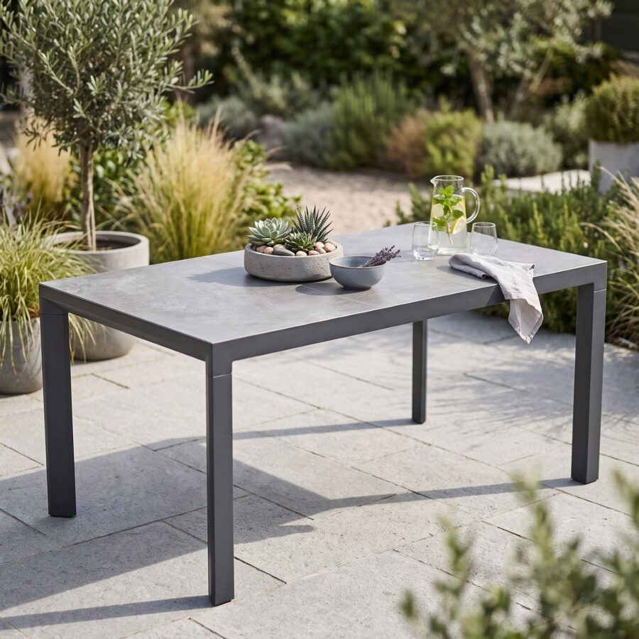 Lesli Living "Murcia" Gartentisch 160x90 cm, Alu charcoal, Tischplatte Keramik stone (Bild KI-generiert)